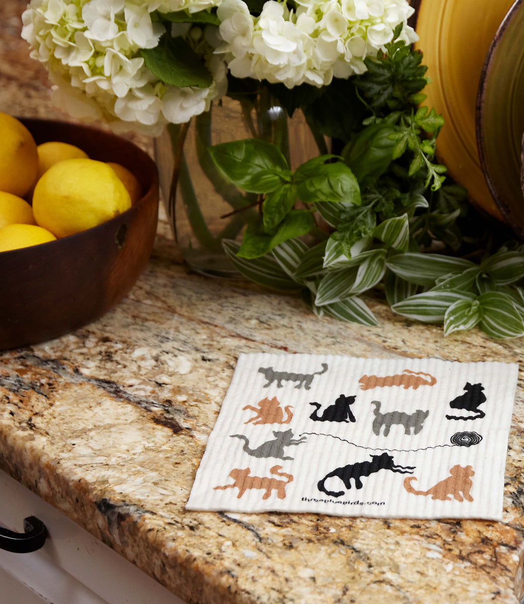 Cats on White Swedish Dishcloth – Three Bluebirds Swedish Dishcloths