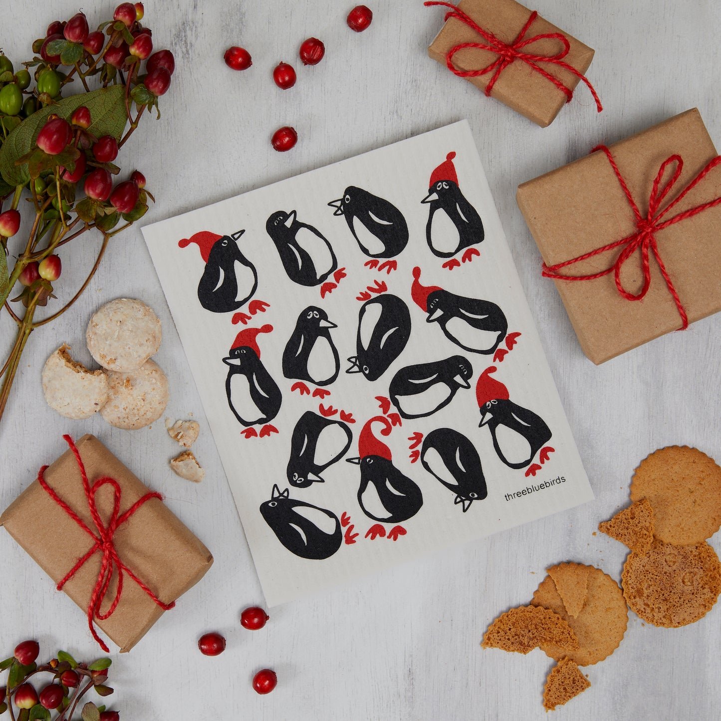 Merry Penguins Swedish Dishcloth