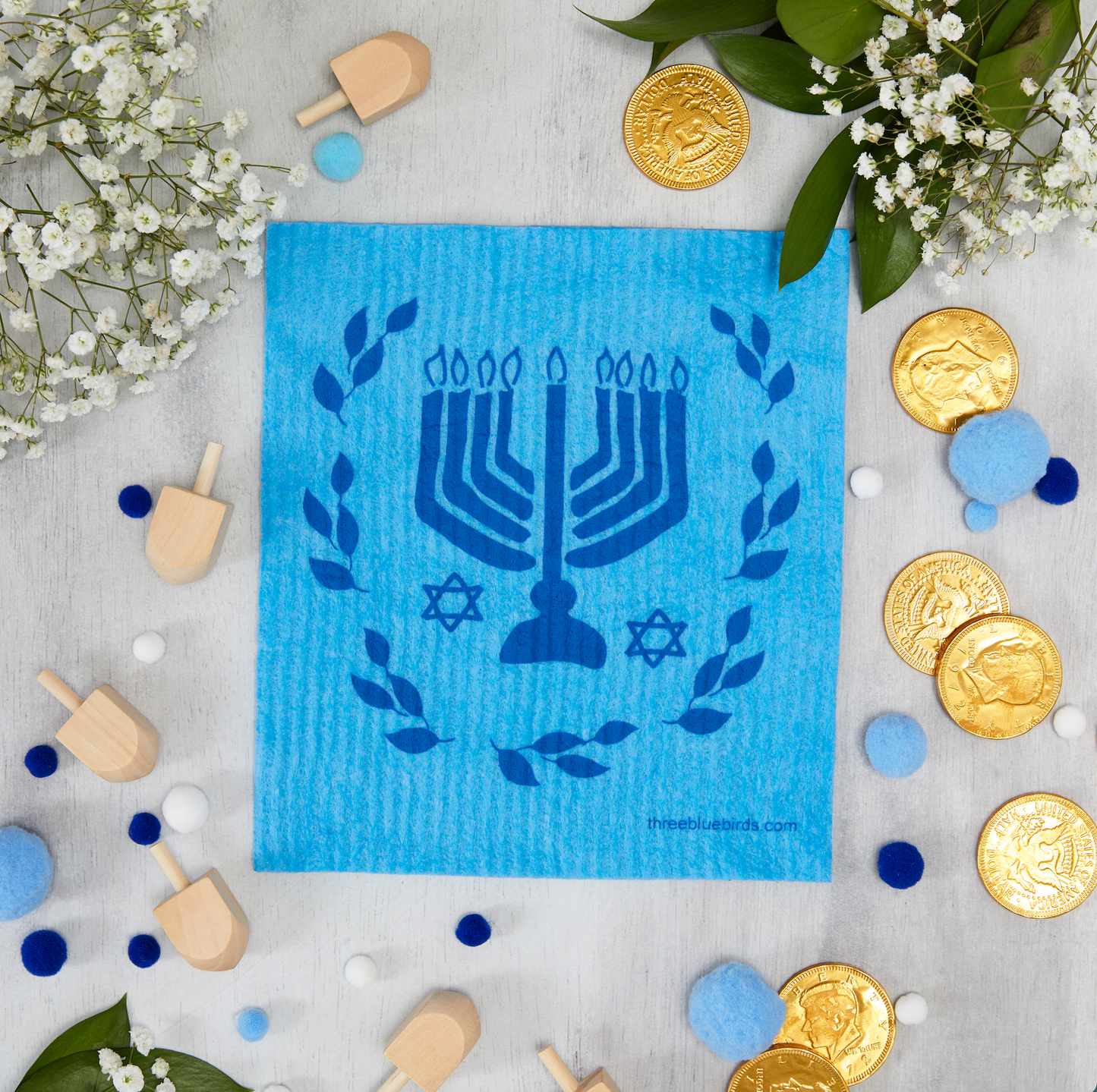 Hanukkah on Blue Swedish Dishcloth