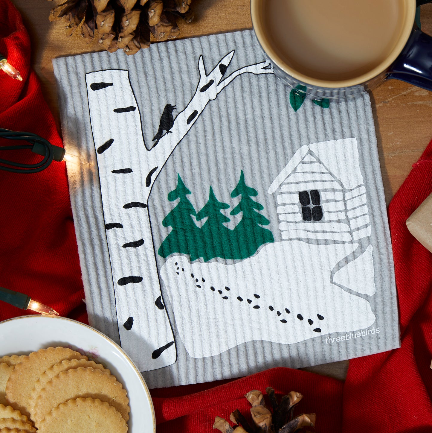 Snowy Cabin on Grey Swedish Dishcloth