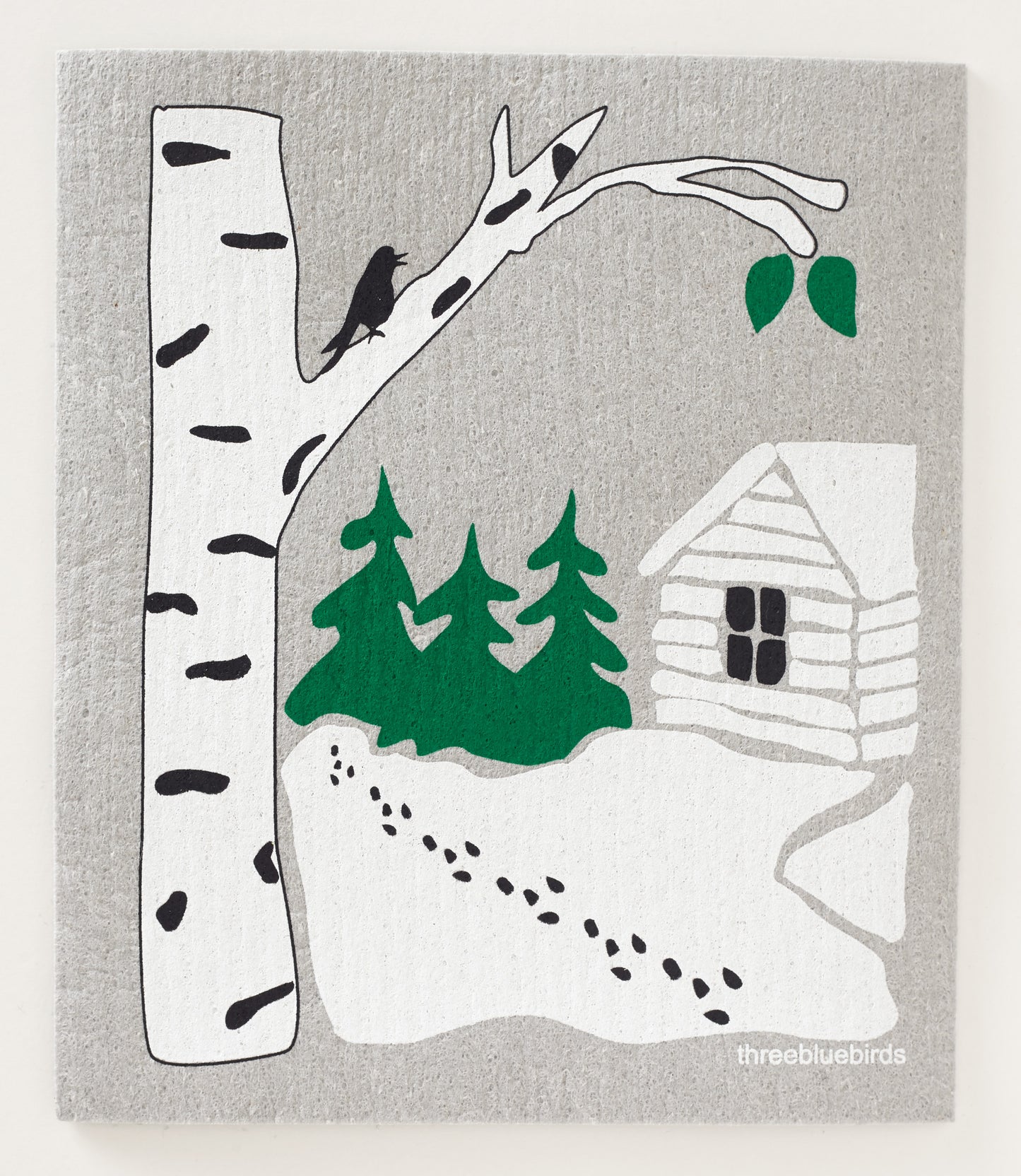 Snowy Cabin on Grey Swedish Dishcloth