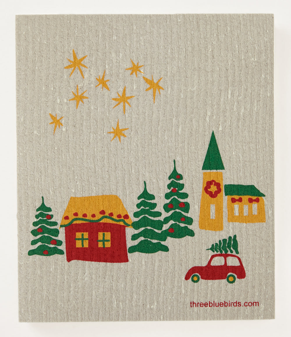 Cozy Christmas Village on Sand Swedish Dishcloth