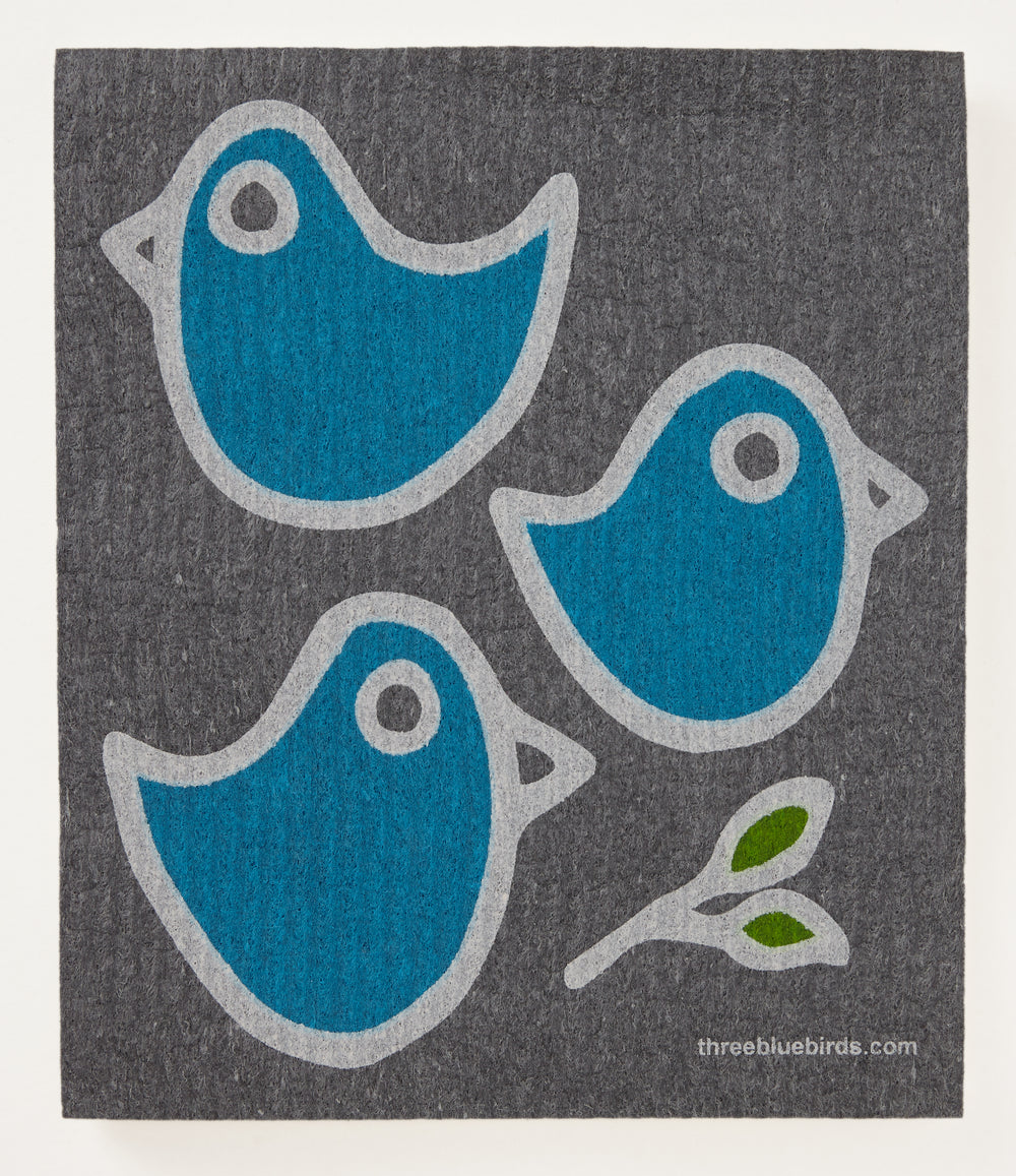 Three Bluebirds on Graphite Swedish Dishcloth