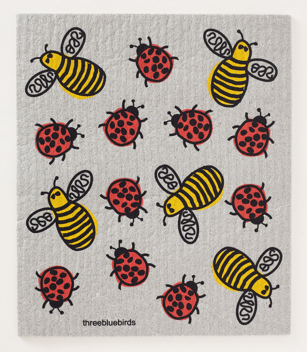 Bees & Bugs on Grey Swedish Dishcloth