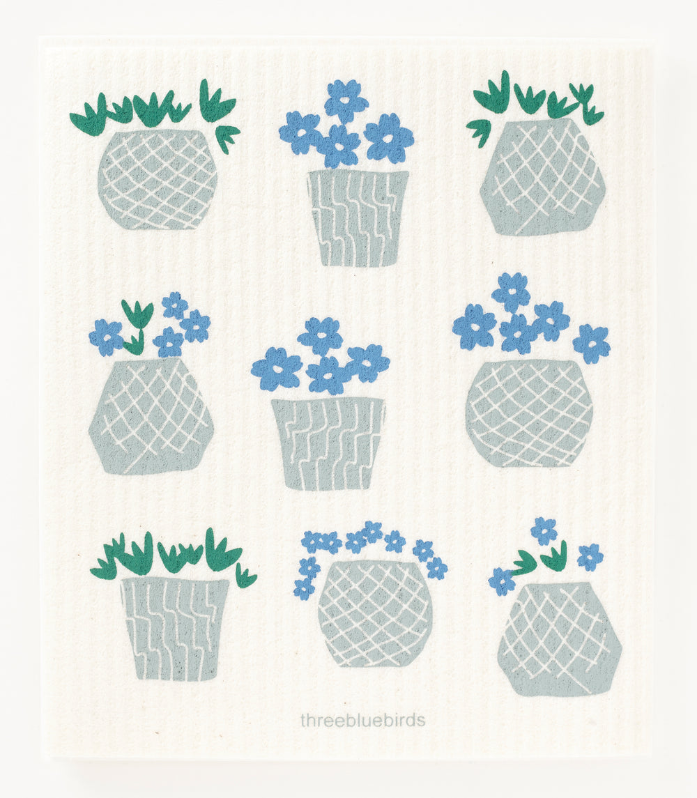 swedish plant pots Flower Pots on White Swedish Dishcloth – Three Bluebirds Swedish Dishcloths