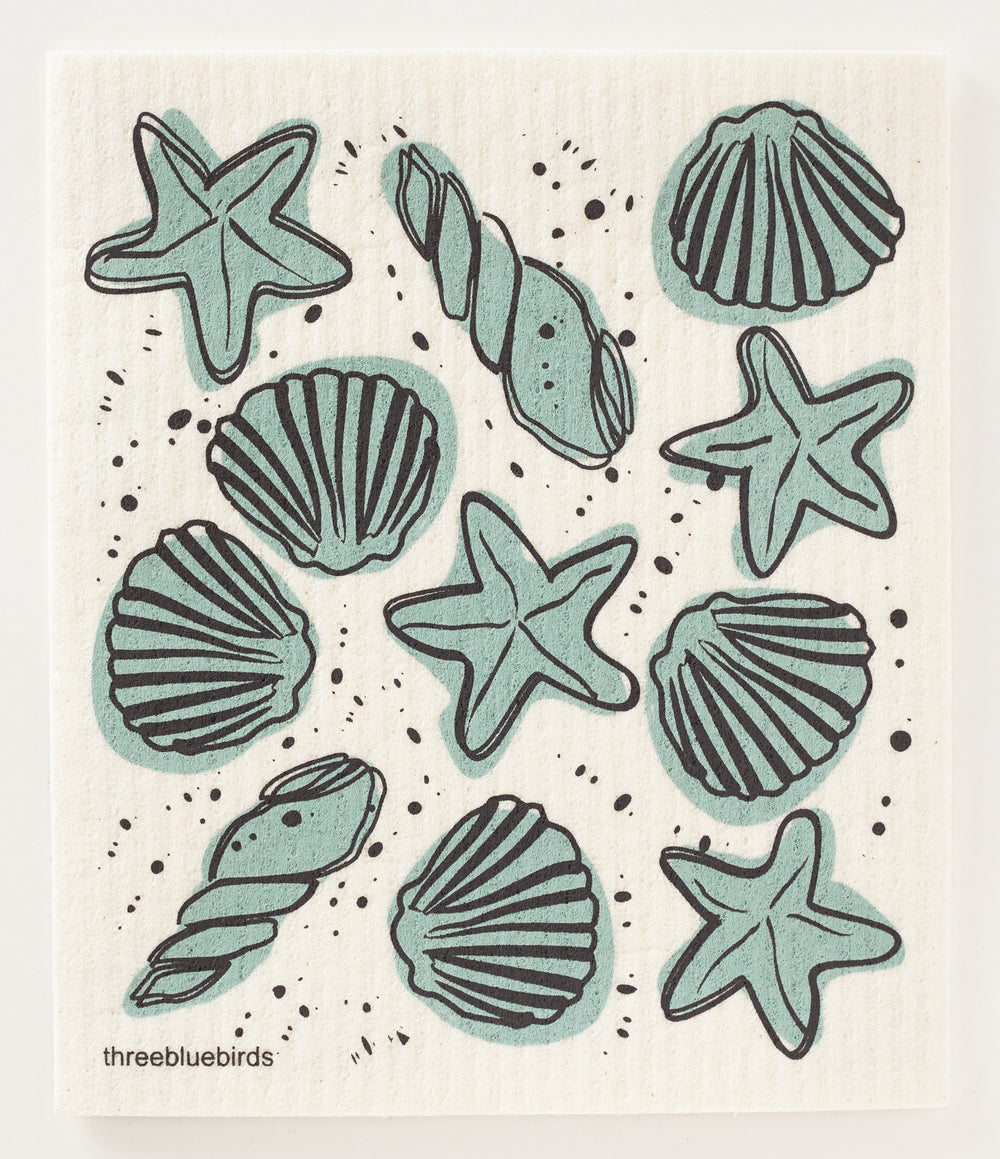 Seashells on White Swedish Dishcloth